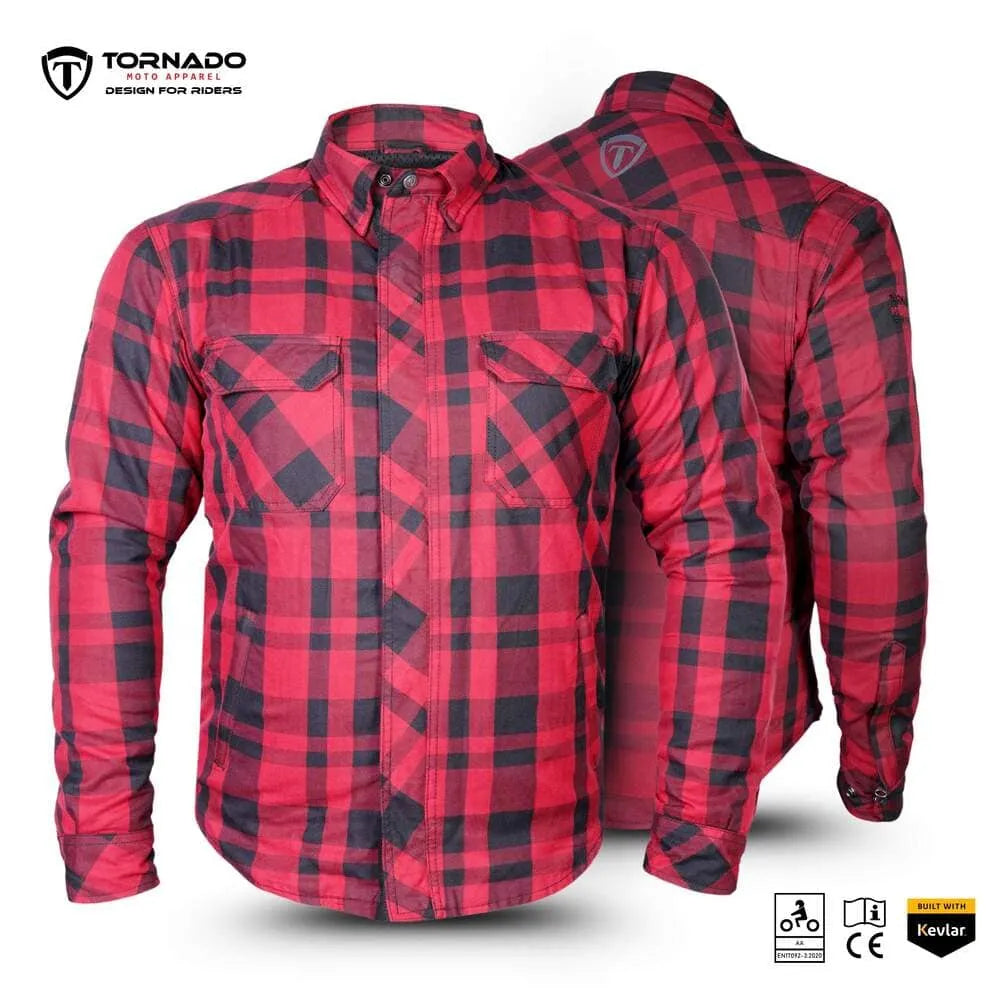 Motorcycle protective Kevlar shirt in red checkered design showing front and back with Tornado Moto branding.