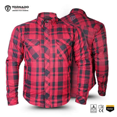 Motorcycle protective Kevlar shirt in red checkered design showing front and back with Tornado Moto branding.