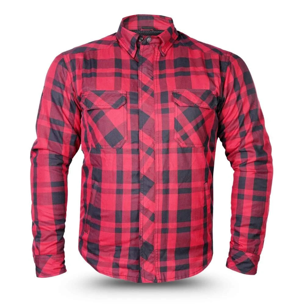 Alt: Red and black checkered motorcycle riding shirt with Kevlar lining and CE protection by Tornado Moto.