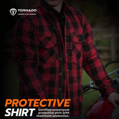 Rider wearing red and black Kevlar motorcycle protective shirt while sitting on a bike.