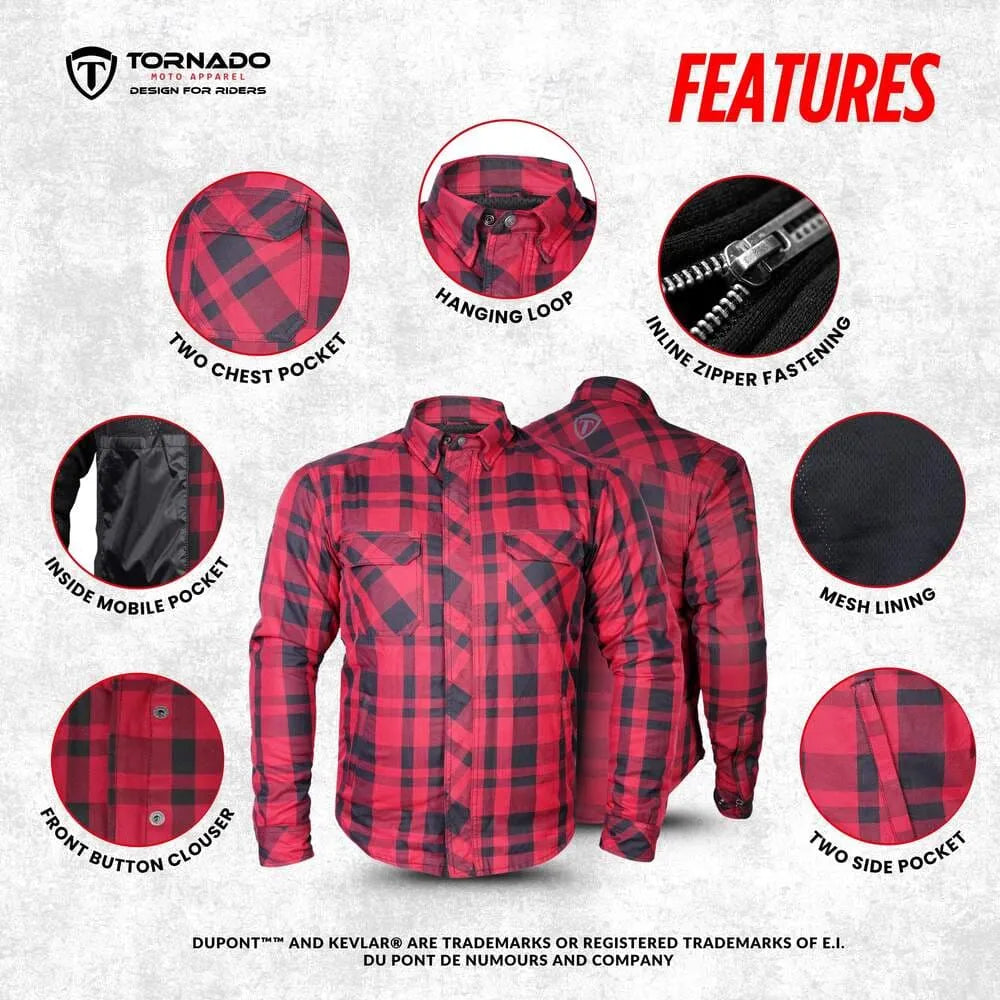 Motorcycle riding flannel shirt showing pockets, inner mobile pocket, zipper fastening, mesh lining and other features.