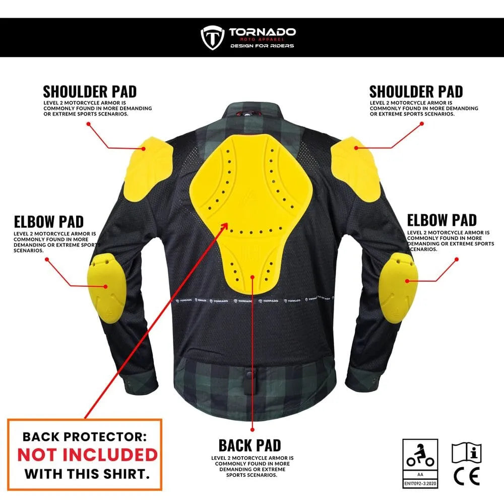 Motorcycle protective shirt with CE Level 2 armor diagram showing shoulder, elbow, and back pad placement.