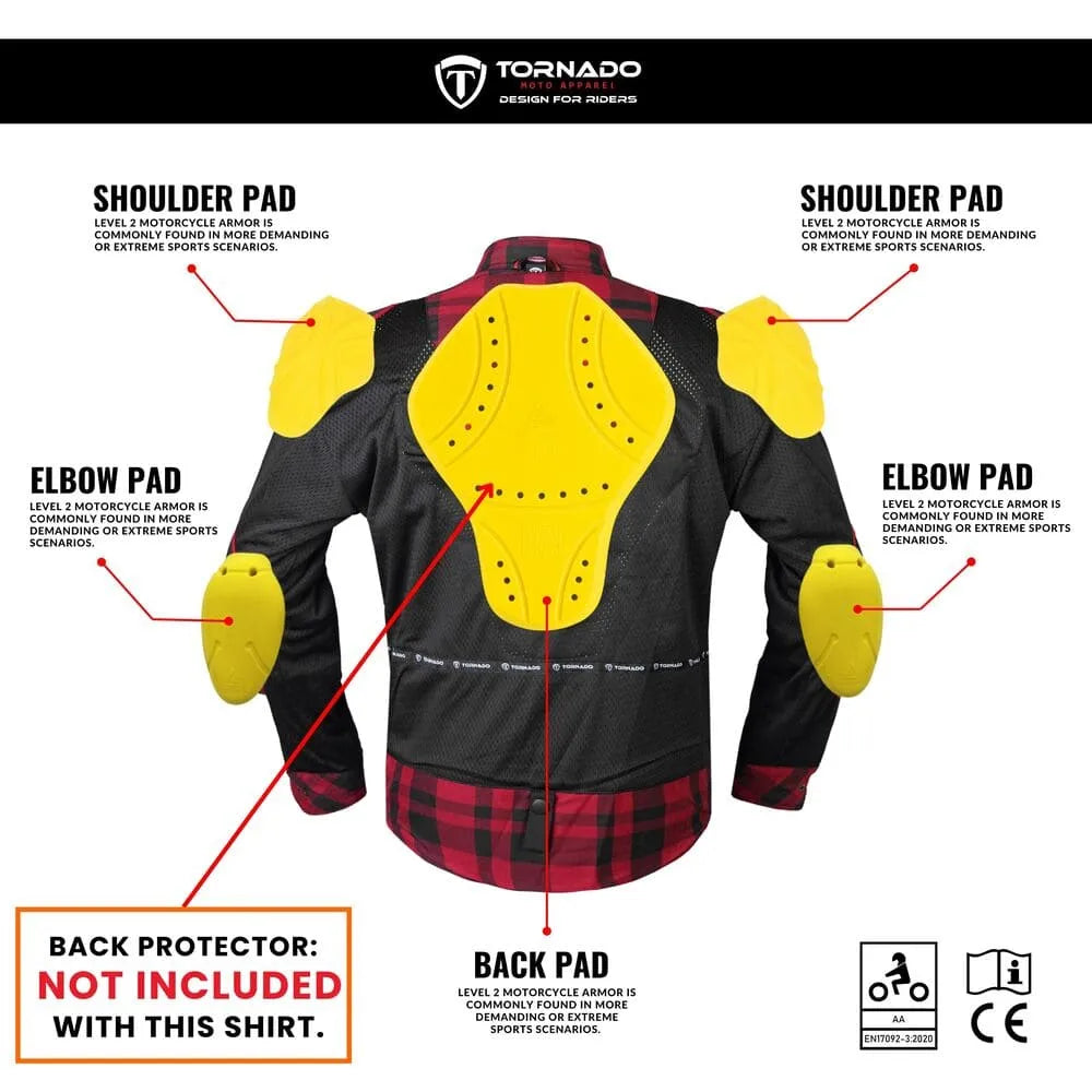 Motorcycle protective shirt showing CE Level 2 shoulder and elbow pads with note that back protector is not included.
