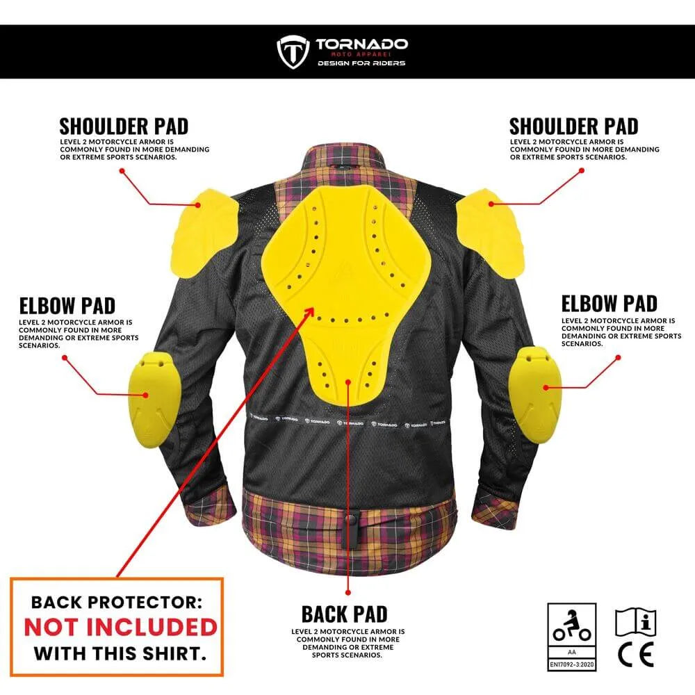 Diagram showing Level 2 motorcycle armour pads for shoulder, elbow and back protection.