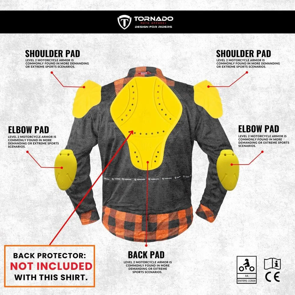 Diagram showing shoulder, elbow, and back CE Level 2 armor placement in the motorcycle Kevlar shirt.