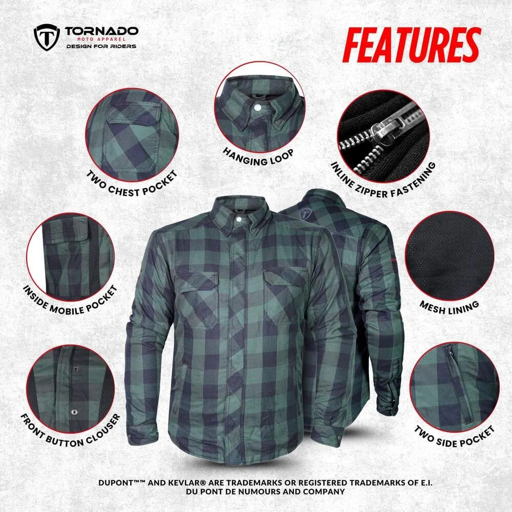Feature layout of men’s motorcycle protective shirt showing chest pockets, zipper fastening, mesh lining, and inner mobile pocket.