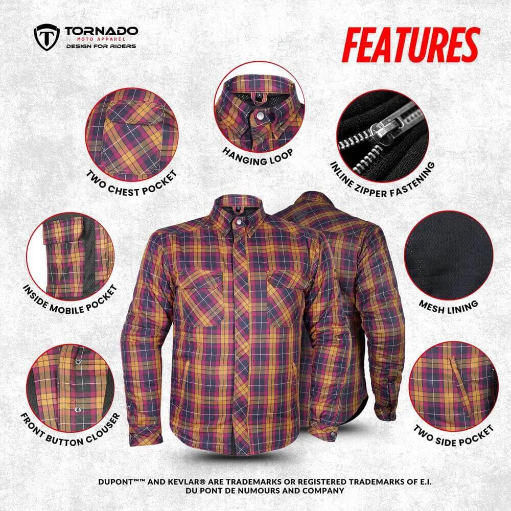 Features of men’s motorcycle riding shirt, including chest pockets, mobile pocket, mesh lining, zipper fastening and button closure.