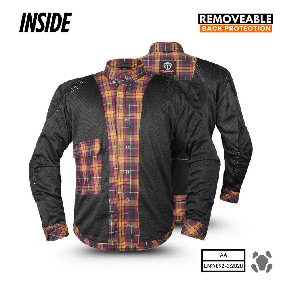 Inside view of motorcycle armoured shirt showing mesh lining and removable back protection pocket.