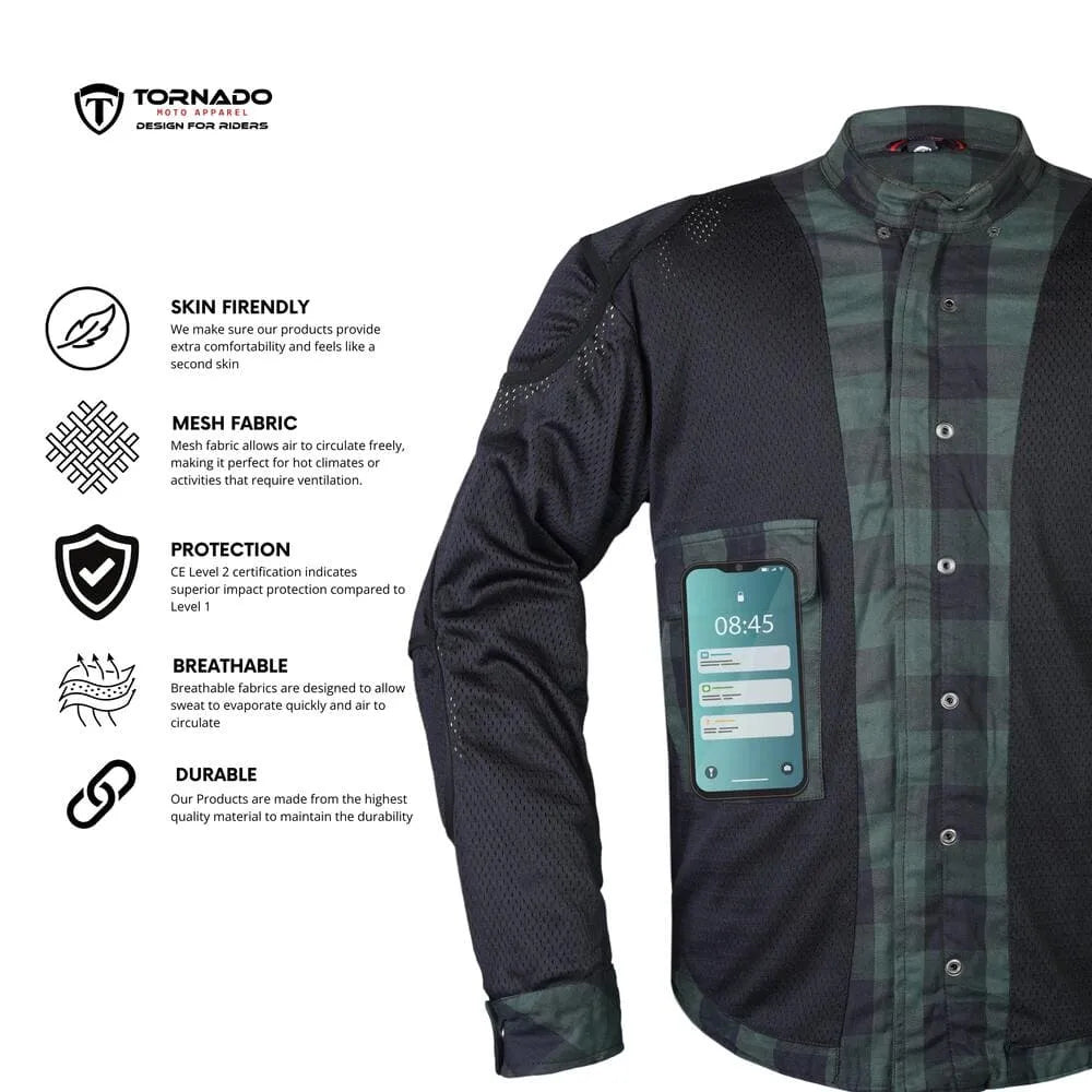 Breathable mesh motorcycle protective shirt with CE Level 2 armor and internal mobile phone pocket.