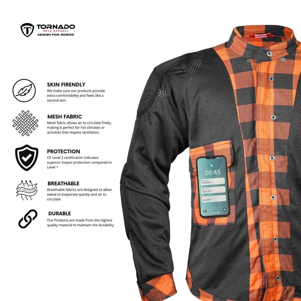 Motorcycle shirt highlighting mesh fabric, CE Level 2 protection, breathability, and durability features.