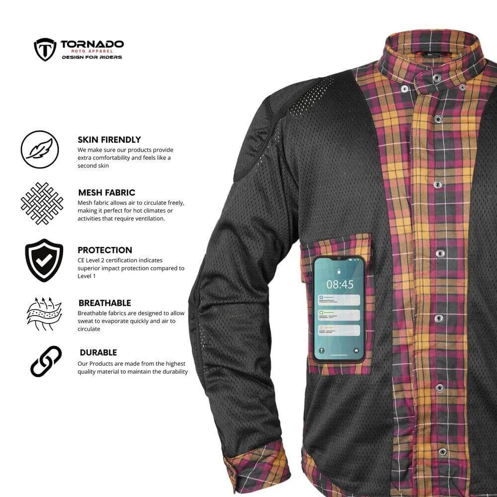 Motorcycle armoured shirt with mesh fabric, CE Level 2 protection, breathable construction and inside mobile pocket.