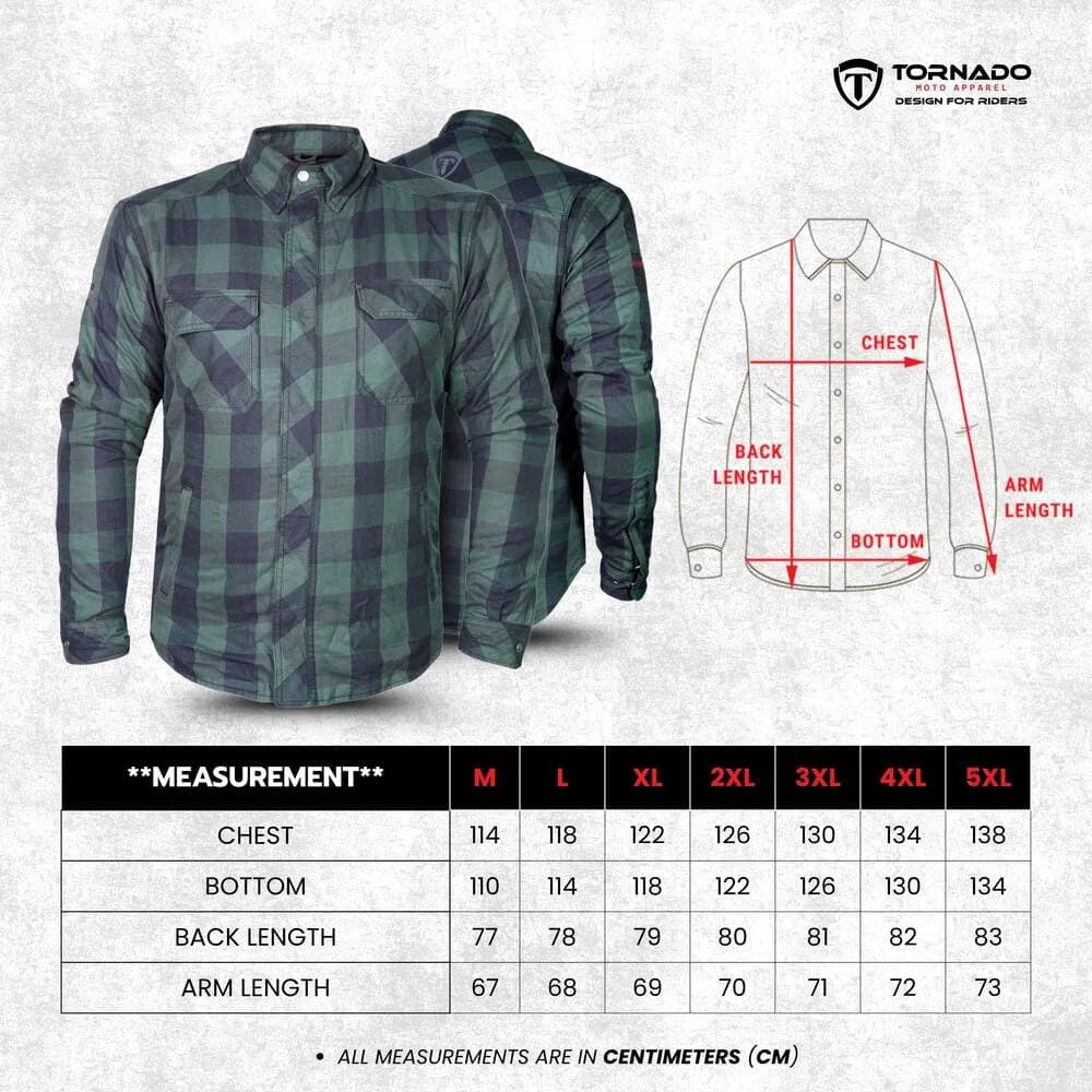 Size chart for green and black motorcycle protective shirt with chest, back length, bottom, and arm measurements.