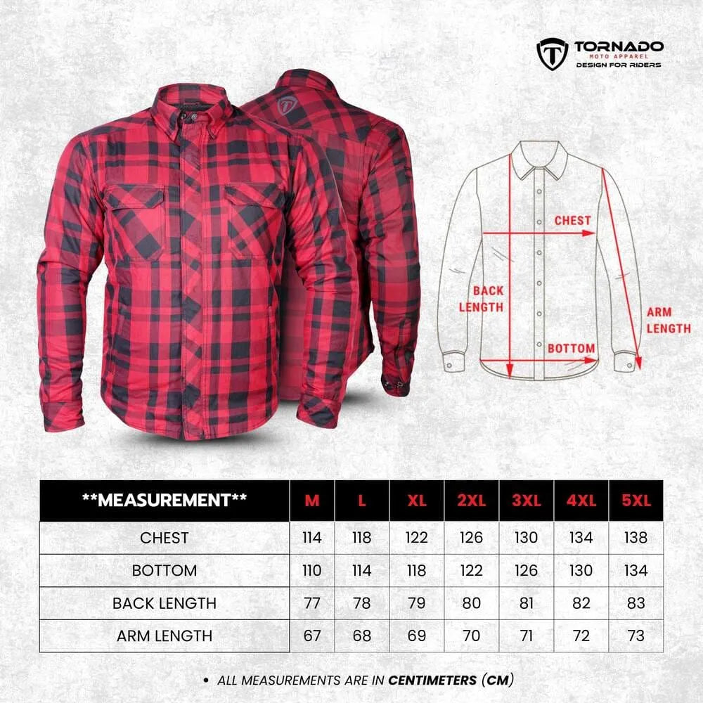 Motorcycle Kevlar shirt size chart with chest, bottom, back length and arm measurements from M to 5XL.