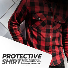 Motorcyclist wearing a red and black protective Kevlar riding shirt designed for safety and comfort by Tornado Moto.