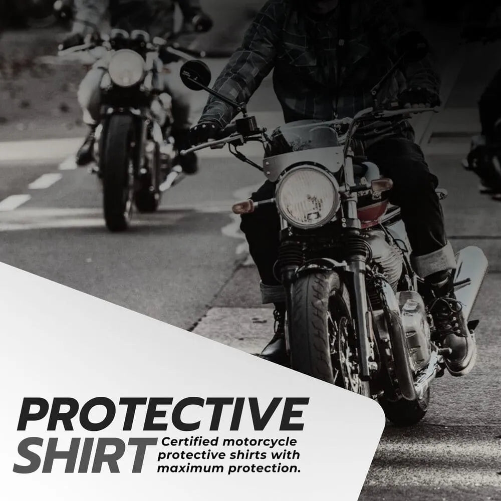 Motorcyclists wearing certified protective motorcycle shirts, designed for maximum safety and high-level impact protection while riding.