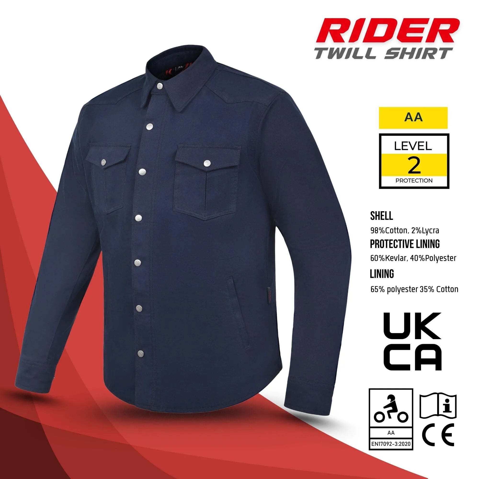 Close-up of navy blue Kevlar motorcycle shirt with CE Level 2 protection, Kevlar lining, and reinforced stitching for enhanced rider safety by Tornado Moto