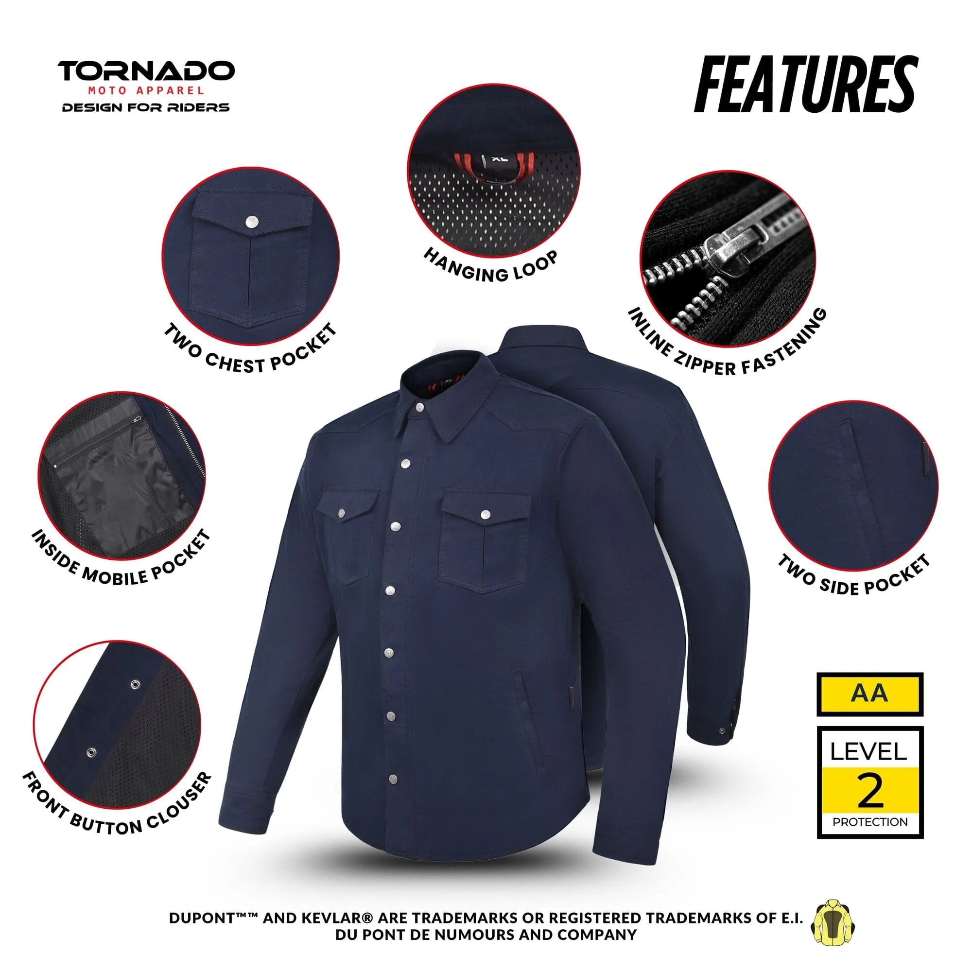 Features overview of navy blue Kevlar motorcycle shirt with two chest pockets, inside mobile pocket, zipper fastening, and CE protection by Tornado Moto