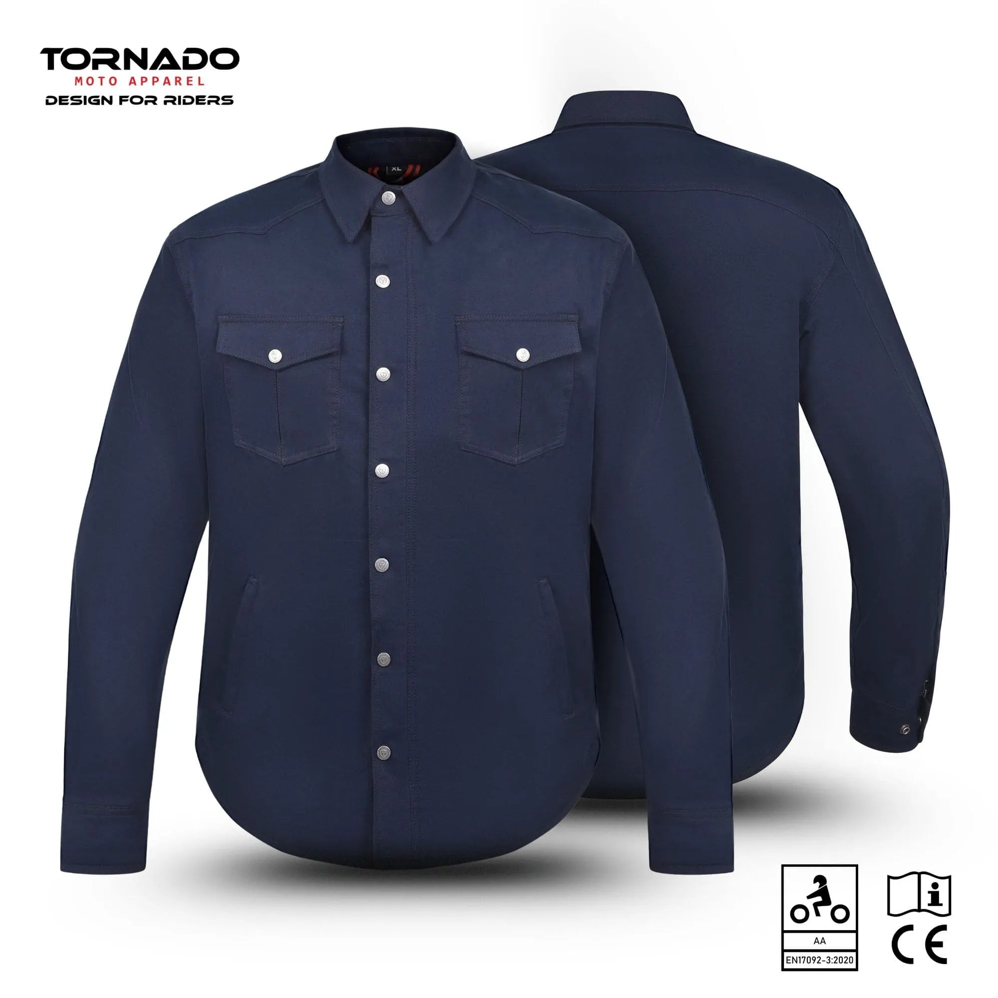 Front and back view of navy blue Kevlar motorcycle shirt with button closure, dual chest pockets, and CE protective armour by Tornado Moto