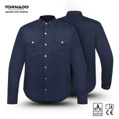 Front and back view of navy blue Kevlar motorcycle shirt with button closure, dual chest pockets, and CE protective armour by Tornado Moto