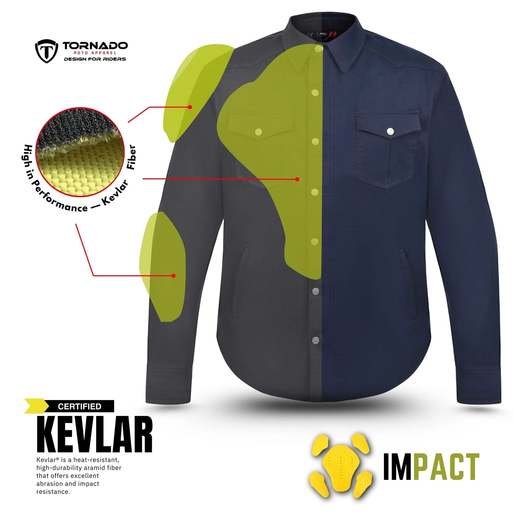 High-performance navy blue Kevlar motorcycle shirt featuring reinforced impact zones and CE protective armour for riders by Tornado Moto