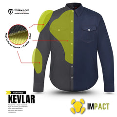 High-performance navy blue Kevlar motorcycle shirt featuring reinforced impact zones and CE protective armour for riders by Tornado Moto