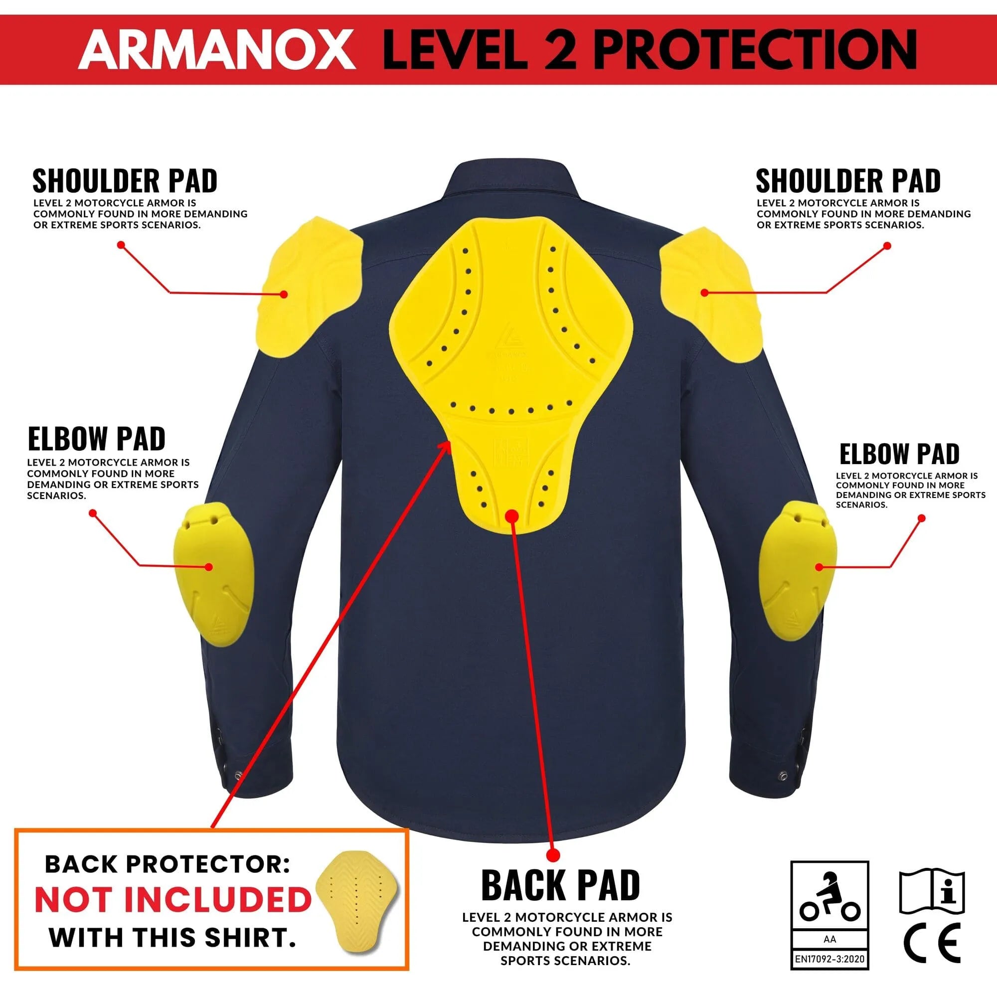 Navy blue Kevlar motorcycle shirt with CE Level 2 shoulder, elbow, and back pads for enhanced safety in extreme sports by Tornado Moto