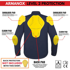 Navy blue Kevlar motorcycle shirt with CE Level 2 shoulder, elbow, and back pads for enhanced safety in extreme sports by Tornado Moto