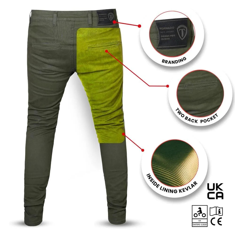 Green and gray pants with branding, pocket details, and Kevlar lining on a white background