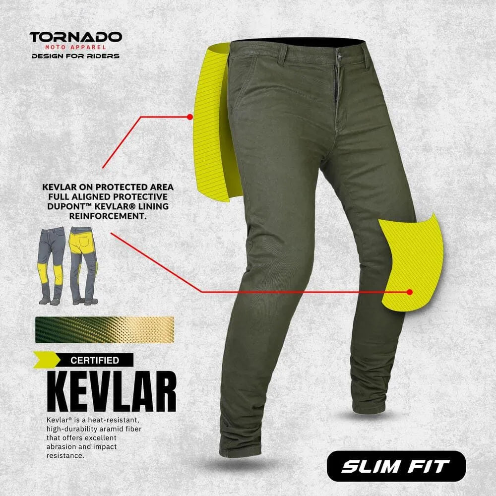 Green motorcycle pants with Kevlar reinforcement on a gray background, featuring Tornado Roto Apparel branding.
