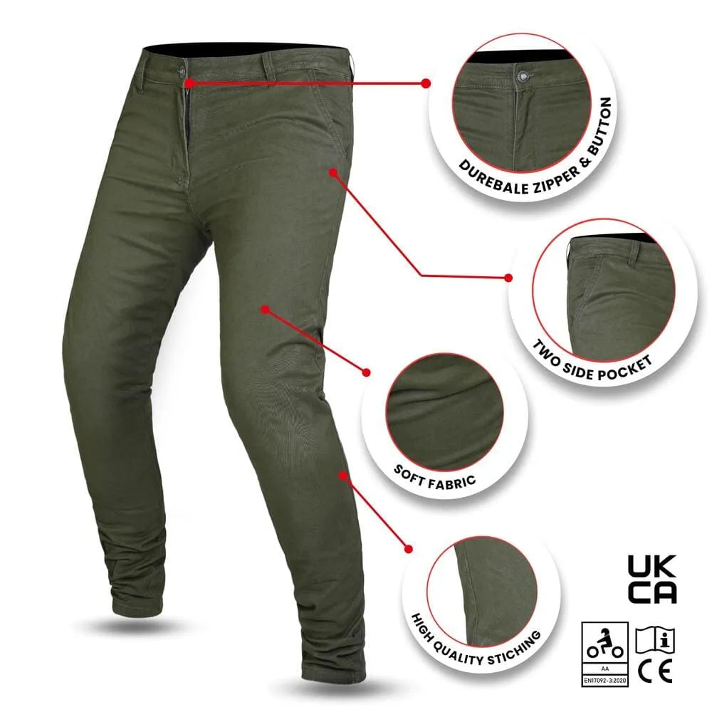 Green pants with features highlighted on a white background