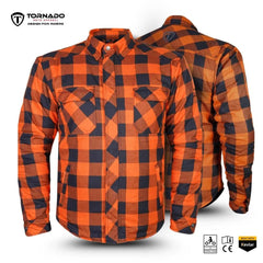 Front and back view of the orange and black plaid Kevlar motorcycle riding shirt by Tornado Moto.