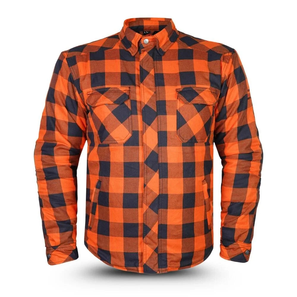 Front view of the orange and black plaid motorcycle Kevlar shirt by Tornado Moto with protective lining.