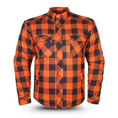 Front view of the orange and black plaid motorcycle Kevlar shirt by Tornado Moto with protective lining.