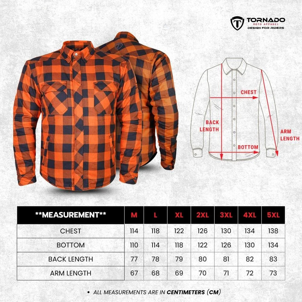 Size chart of the orange and black plaid motorcycle shirt with measurements for chest, back length, bottom, and arm length.