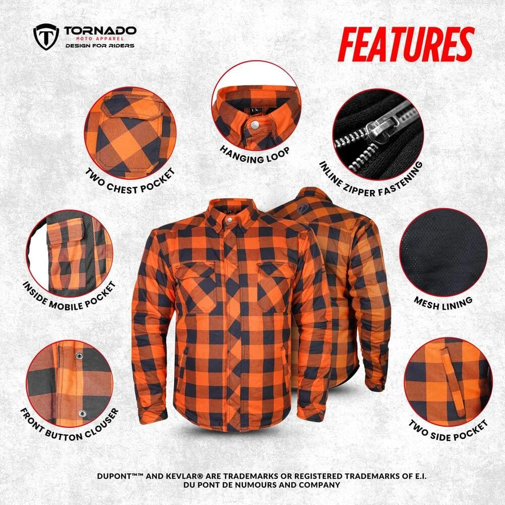 Feature breakdown of the orange plaid motorcycle Kevlar shirt including pockets, mesh lining, and zipper fastening.