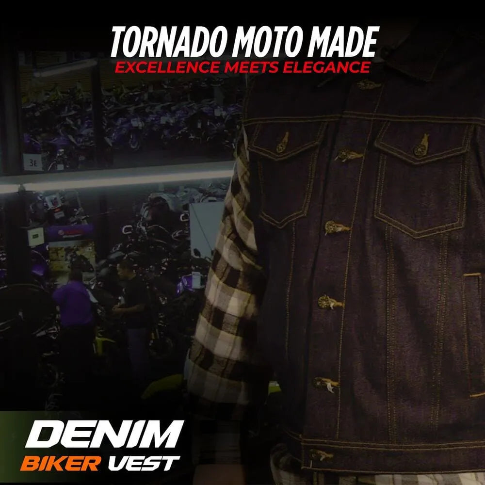 Denim biker vest with 'Tornado Moto Made' branding in a dark setting.