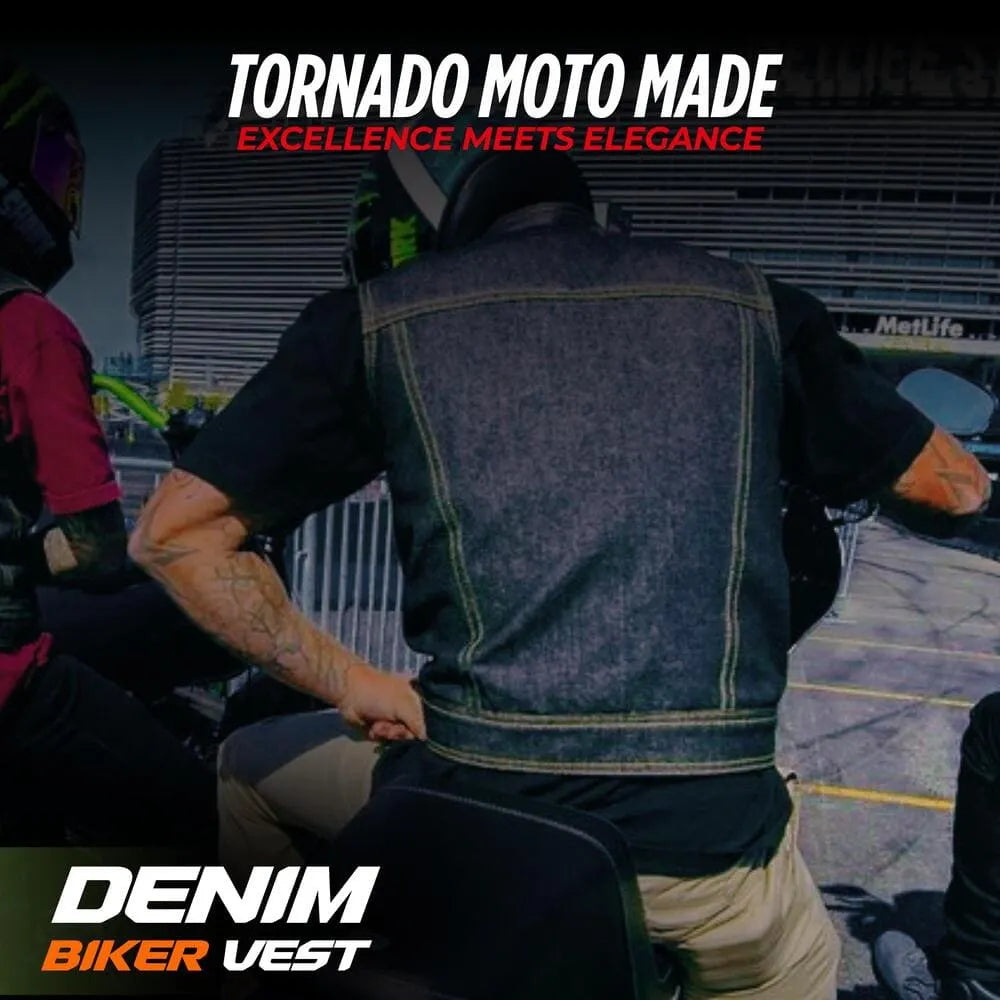 Person wearing a denim biker vest with 'Tornado Moto Made' branding in an urban setting.