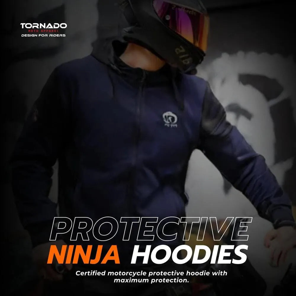 Person wearing a dark hoodie with a logo, sitting on a motorcycle, with promotional text for 'Tornado' protective hoodie.