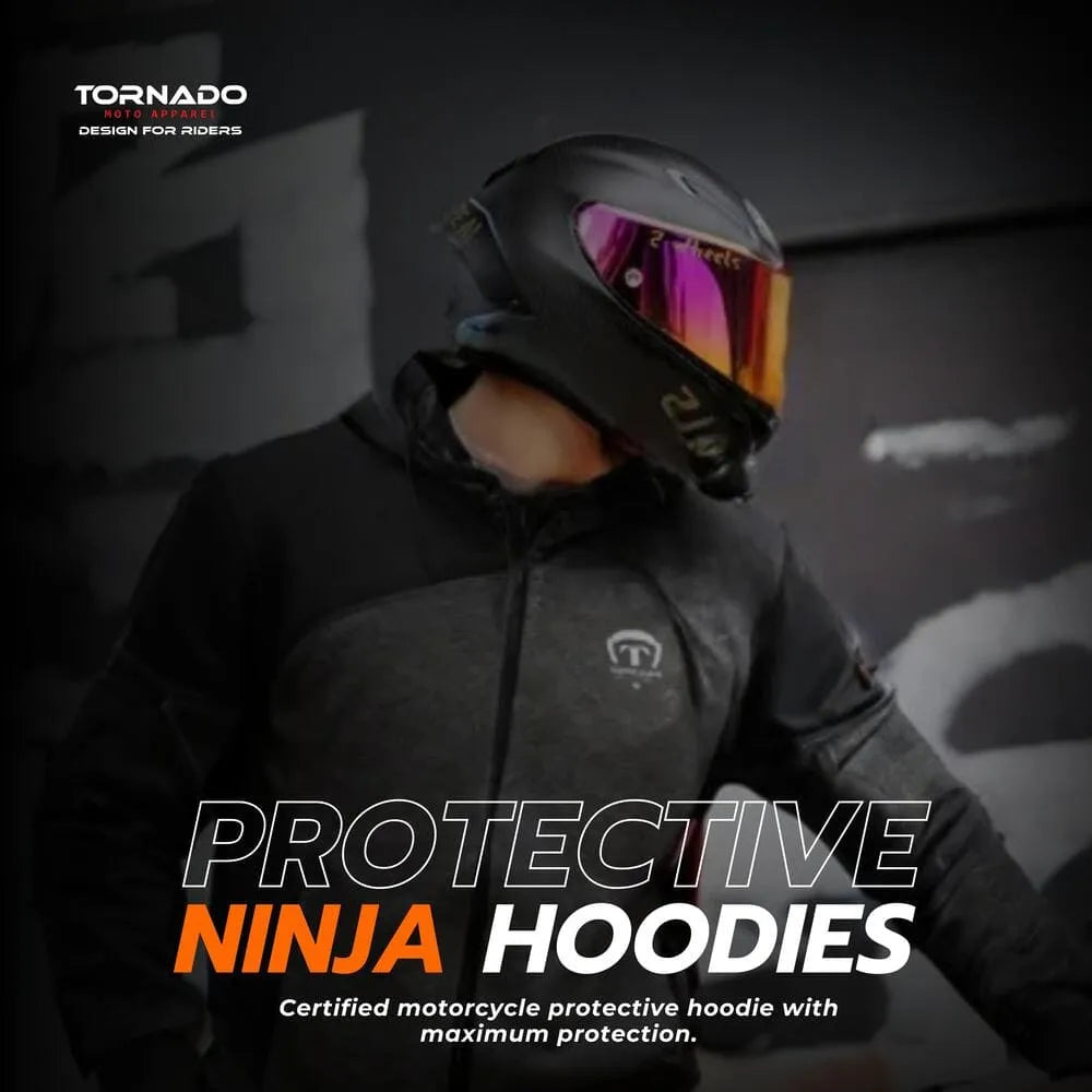 Person wearing a black protective hoodie and helmet with 'Tornado' branding, text 'Protective Ninja Hoodies' displayed.