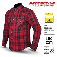 Red and black plaid Kevlar motorcycle shirt with AA and CE Level 2 certification, showing material composition and safety specs.