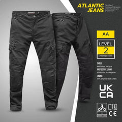 Black armoured motorcycle jeans for men with Kevlar lining, CE and AA certification, cargo-style pockets, and reinforced protection for safe motorbike riding.