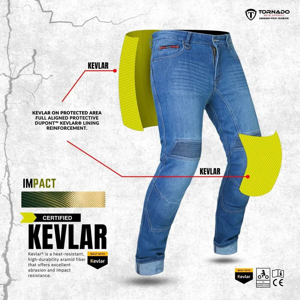 Close-up view of protective motorcycle jeans featuring Kevlar construction and heavy-duty stitching for added rider safety
