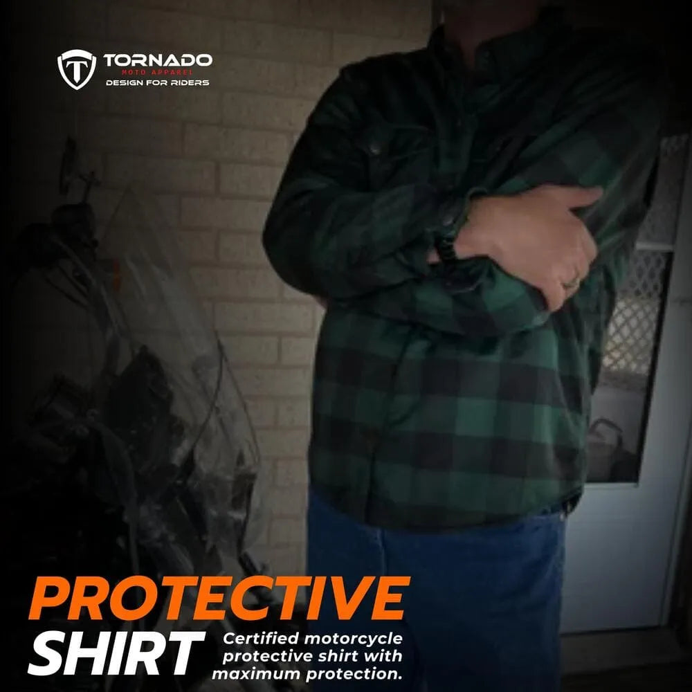 Real rider wearing green and black checkered motorcycle protective shirt in outdoor environment.