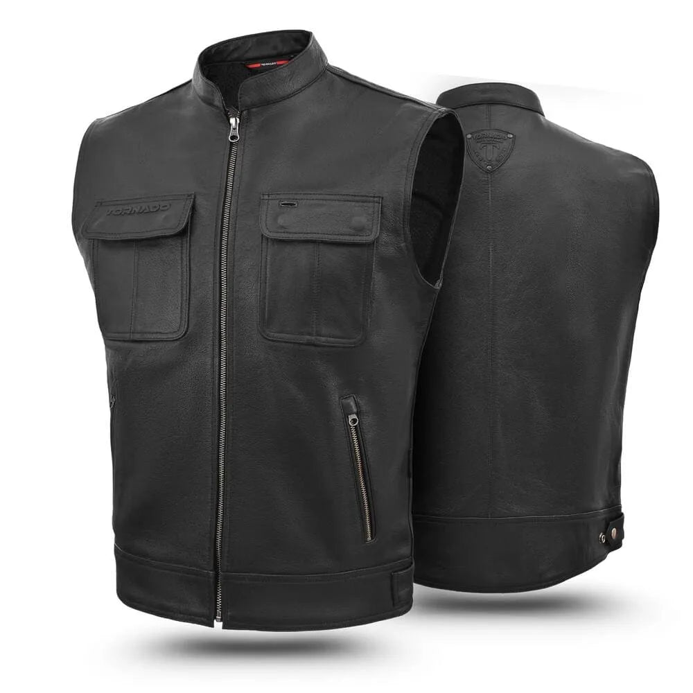 Black leather vest shown from front and back on a white background