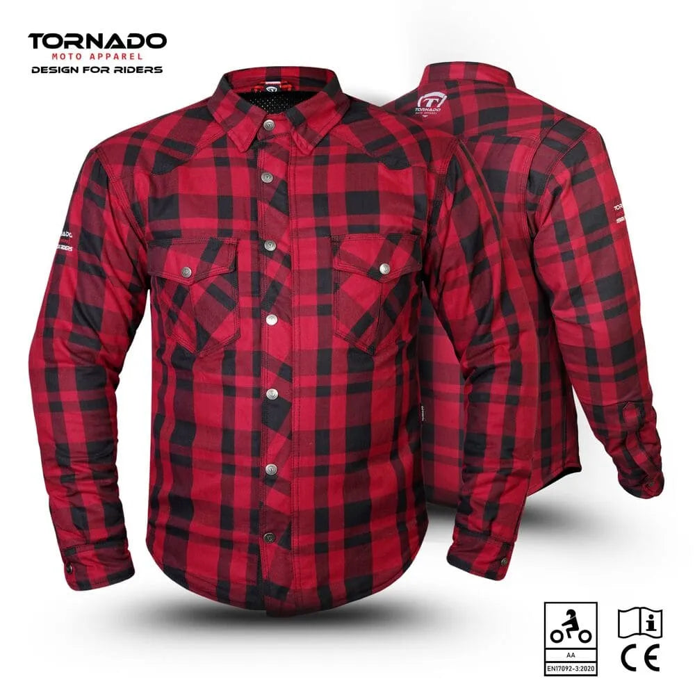 Red and black plaid Kevlar motorcycle riding shirt with CE certification, shown in front and back view by Tornado Moto.