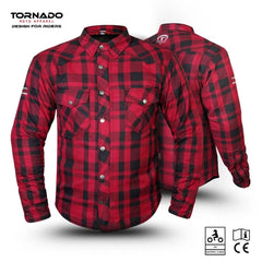 Red and black plaid Kevlar motorcycle riding shirt with CE certification, shown in front and back view by Tornado Moto.