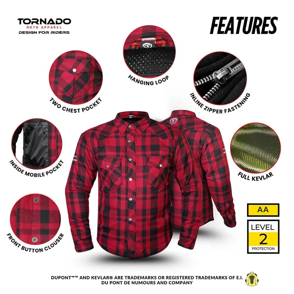 Feature overview of red and black plaid Kevlar motorcycle shirt with two chest pockets, inside mobile pocket, inline zipper, and full Kevlar lining.