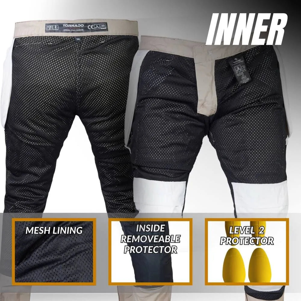 Sand protective pants with mesh lining, inside removeable protector, and level 2 protector on a white background.
