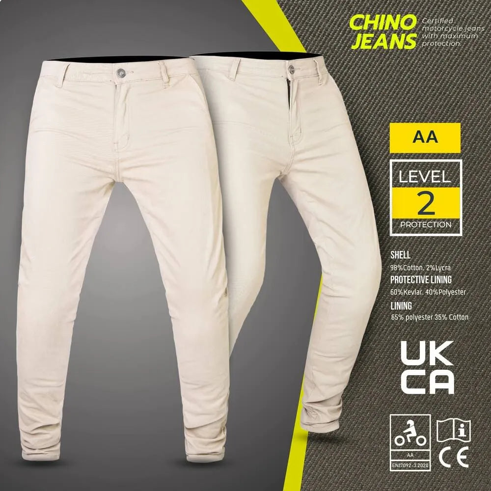 Sand chino jeans with product information on a gray background