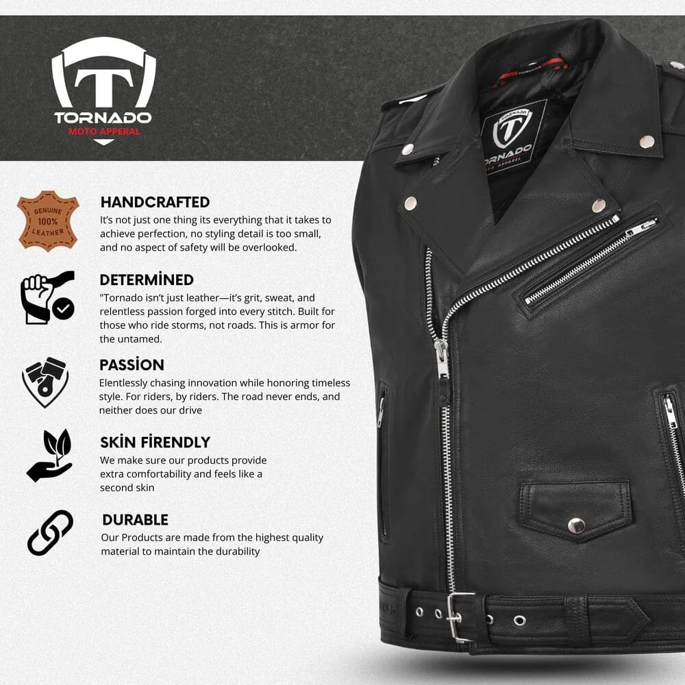 Black leather jacket with Tornado branding and feature text on a gray background